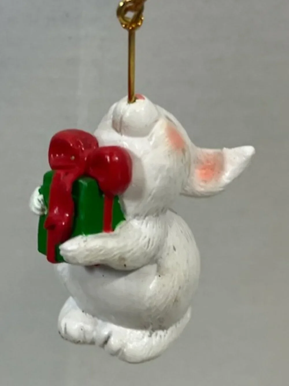 VTG White Christmas Rabbit Tree Ornament Holding Present Holiday Decor1.5